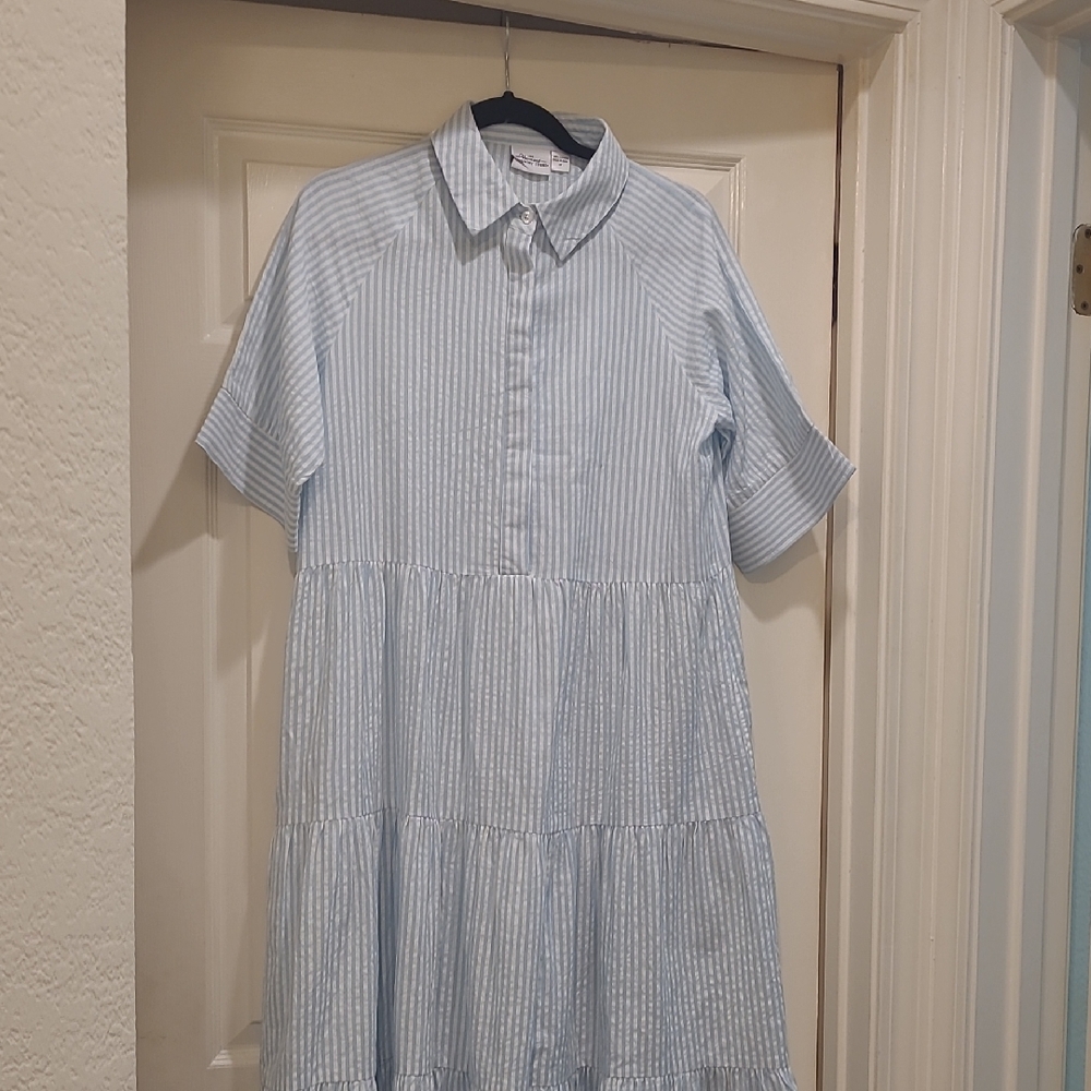 Nwot The Vermont Country Store Blue Striped Short Sleeve Maxi Dress